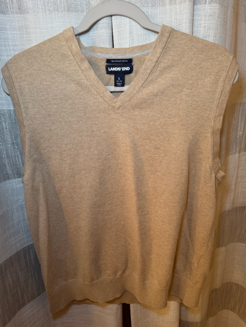 Lands' End Men's V-Neck Sweater Vest in Beige 100% Supima Cotton - Picture 2 of 4
